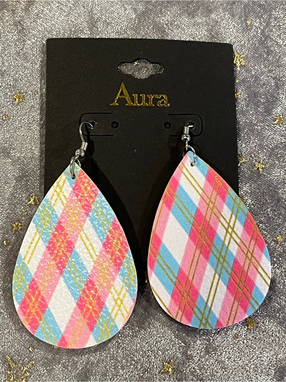 Aura Plaid Argyle Teardrop Earrings - Pink, Blue, White, Gold